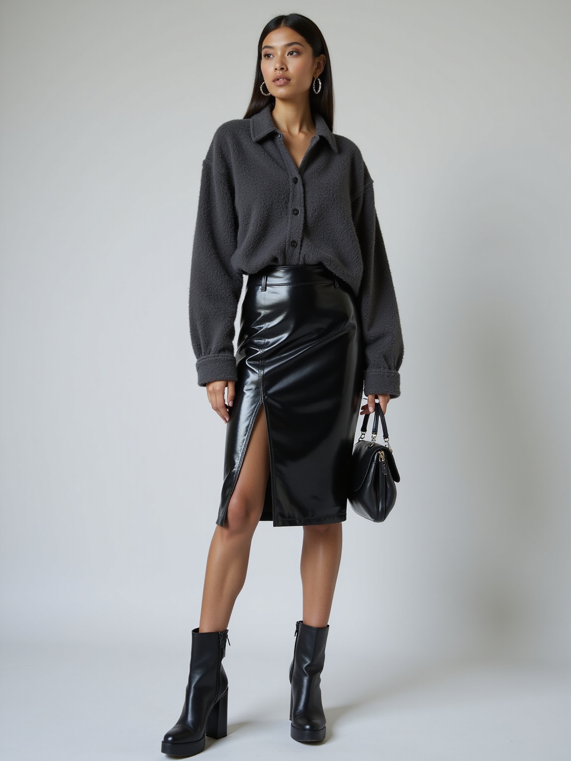 slouchy flannel glossy vinyl skirt