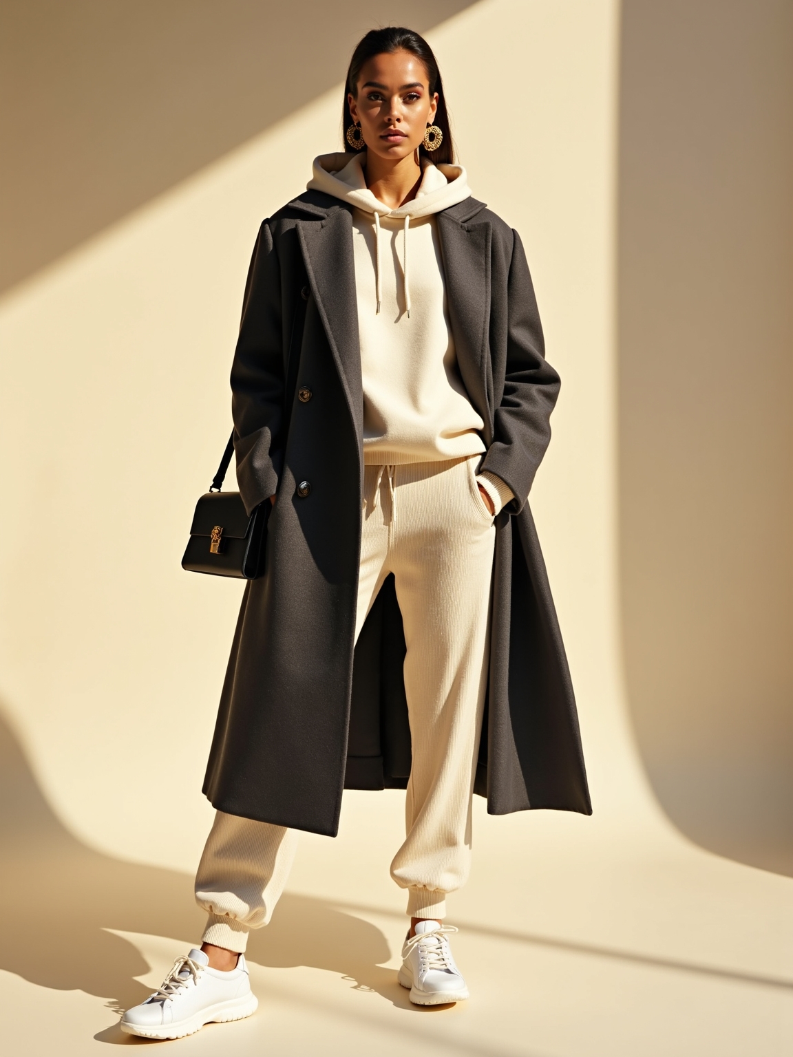 sneakers wool coat gold hoops