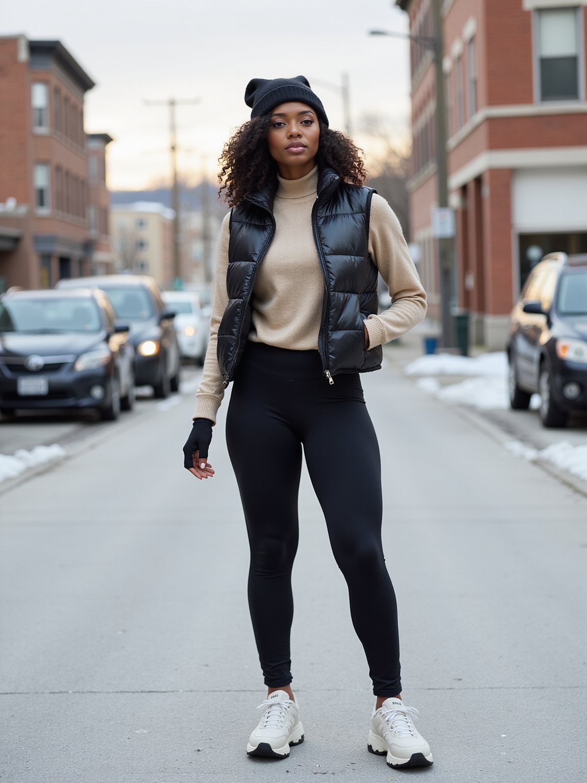 sporty puffer vest layering