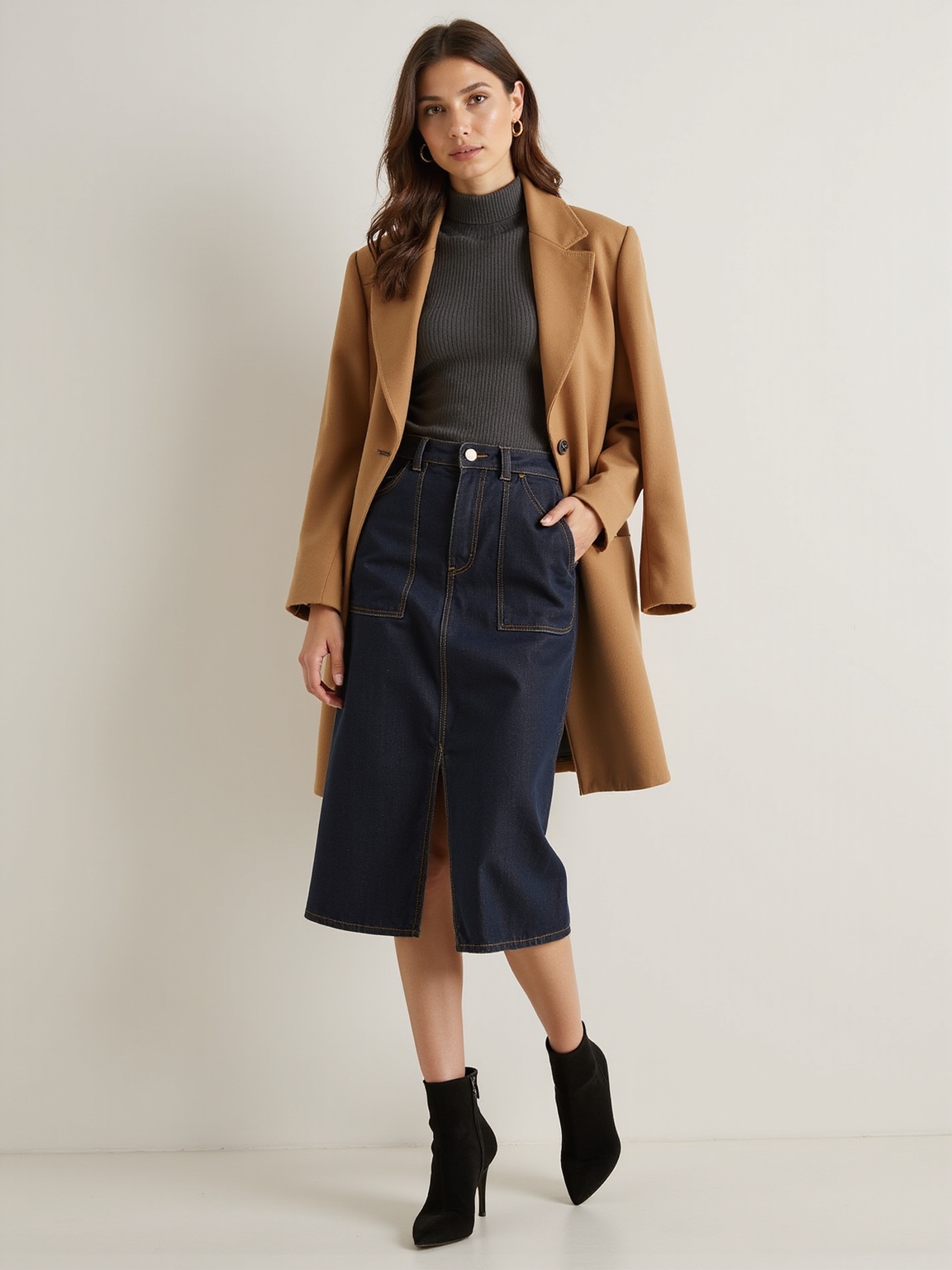streamlined denim midi look