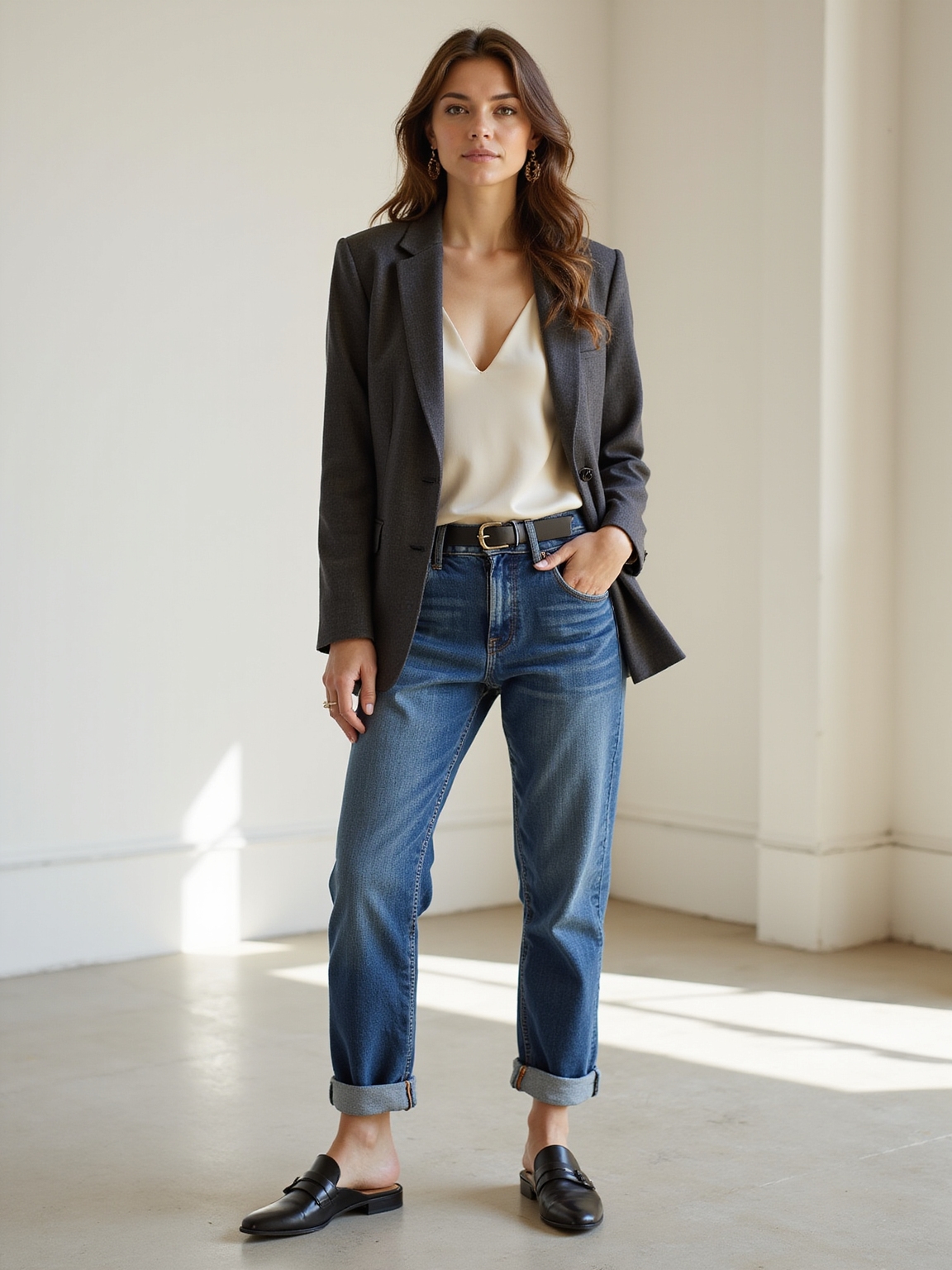 structured blazer cuffed boyfriend jeans