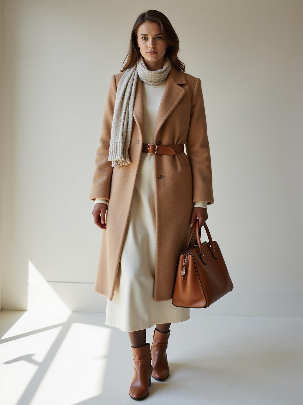 structured wool coat silk scarf