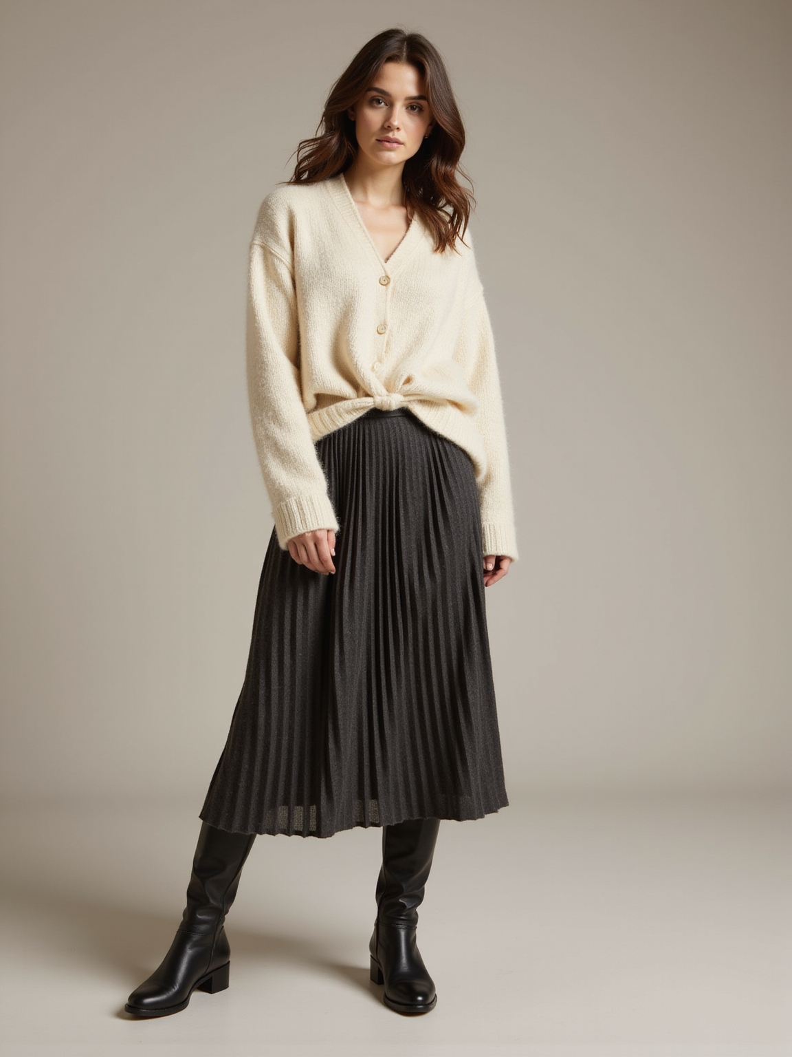 swishy pleats cozy boots ensemble