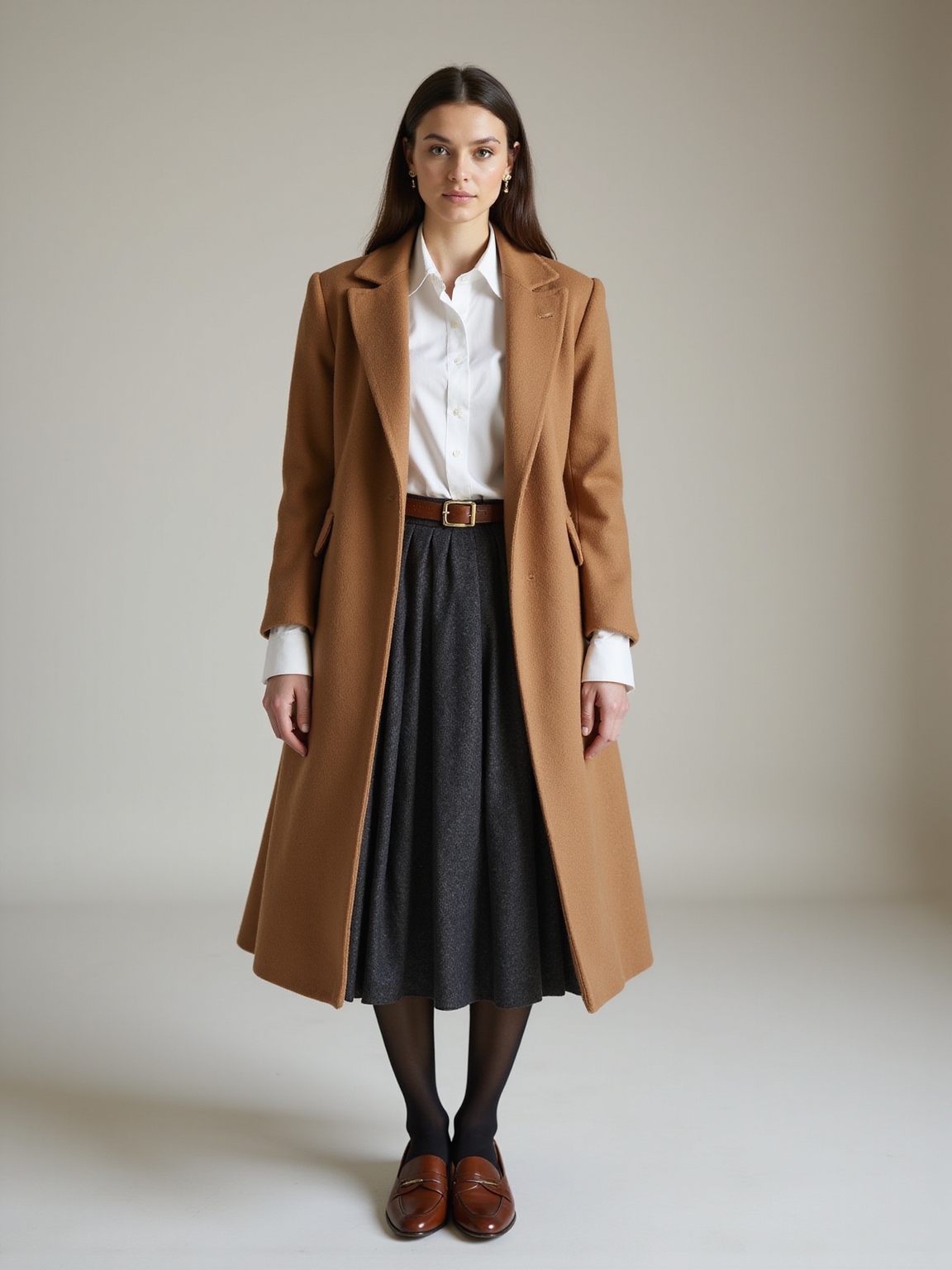 tailored camel coat crisp shirt
