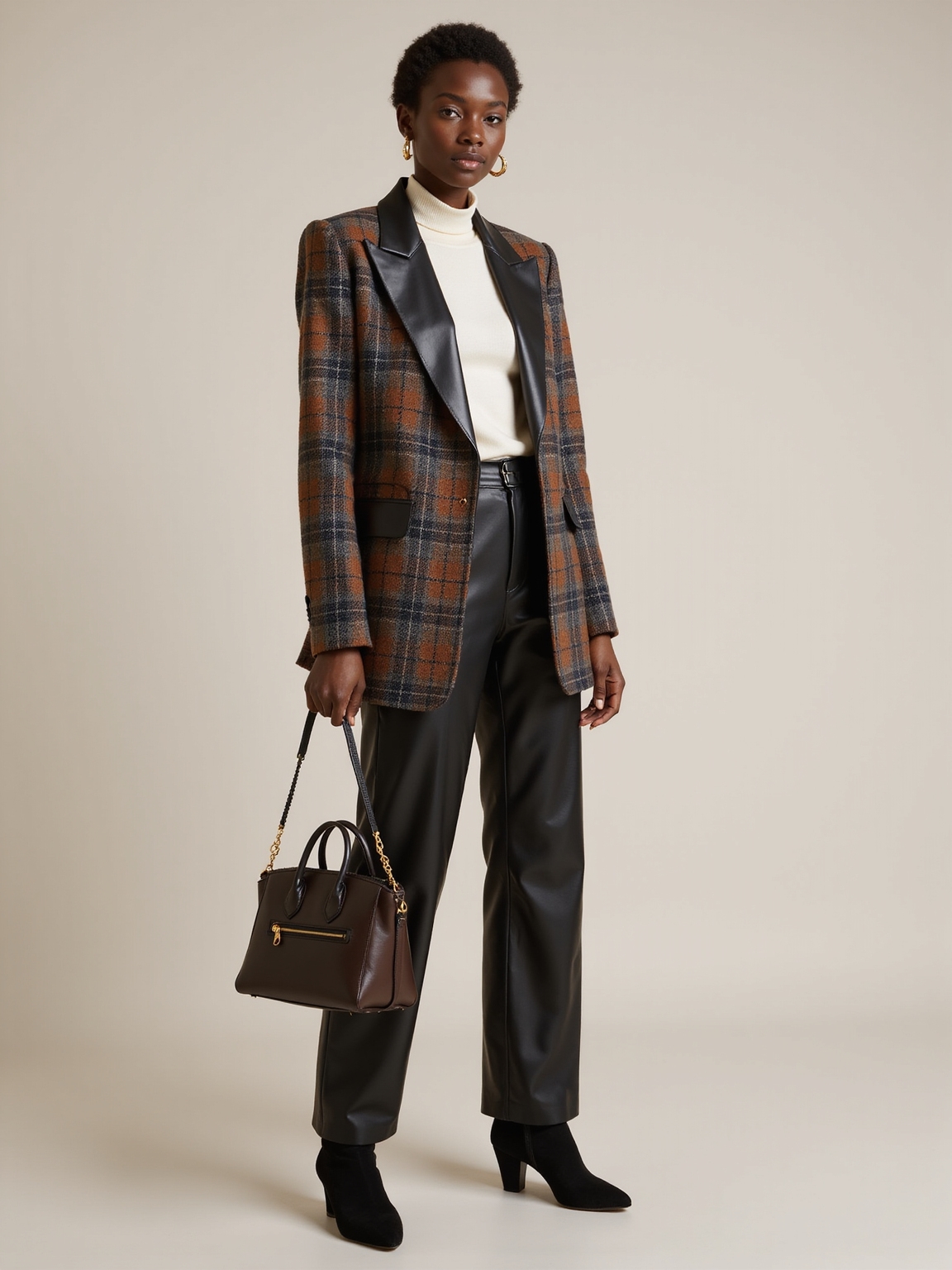 tailored plaid blazer with leather