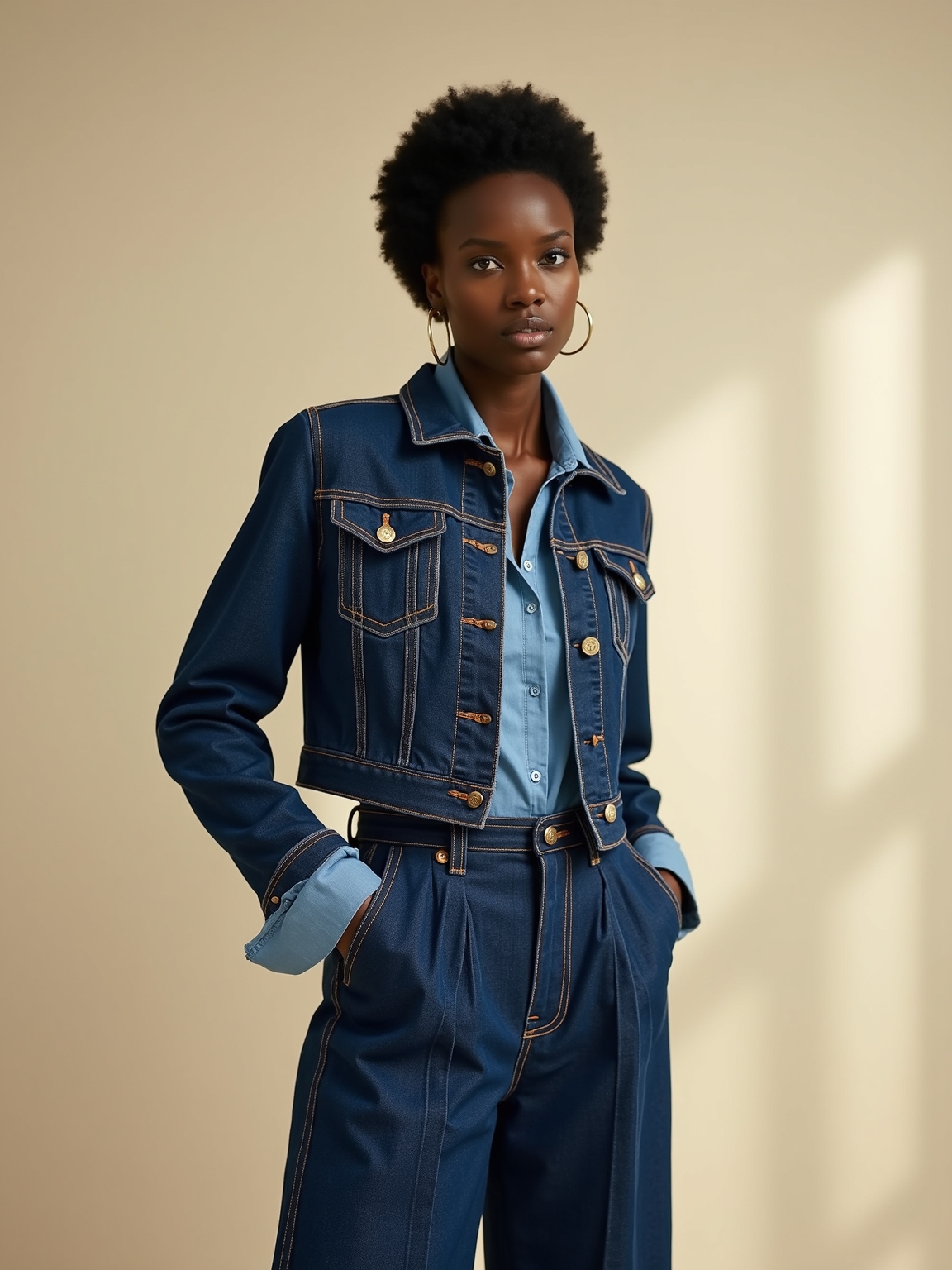 tailored textured denim with hardware