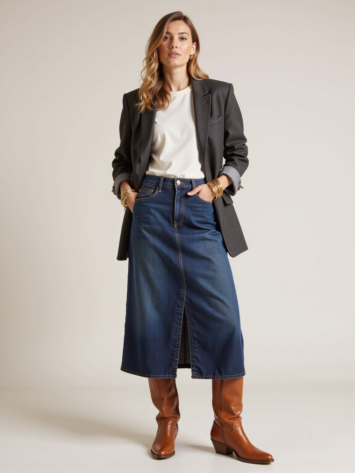 tan boots denim oversized blazer