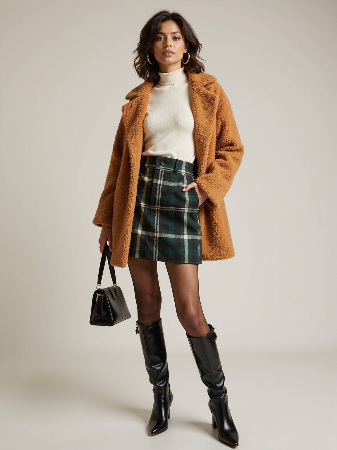 teddy coat with plaid skirt