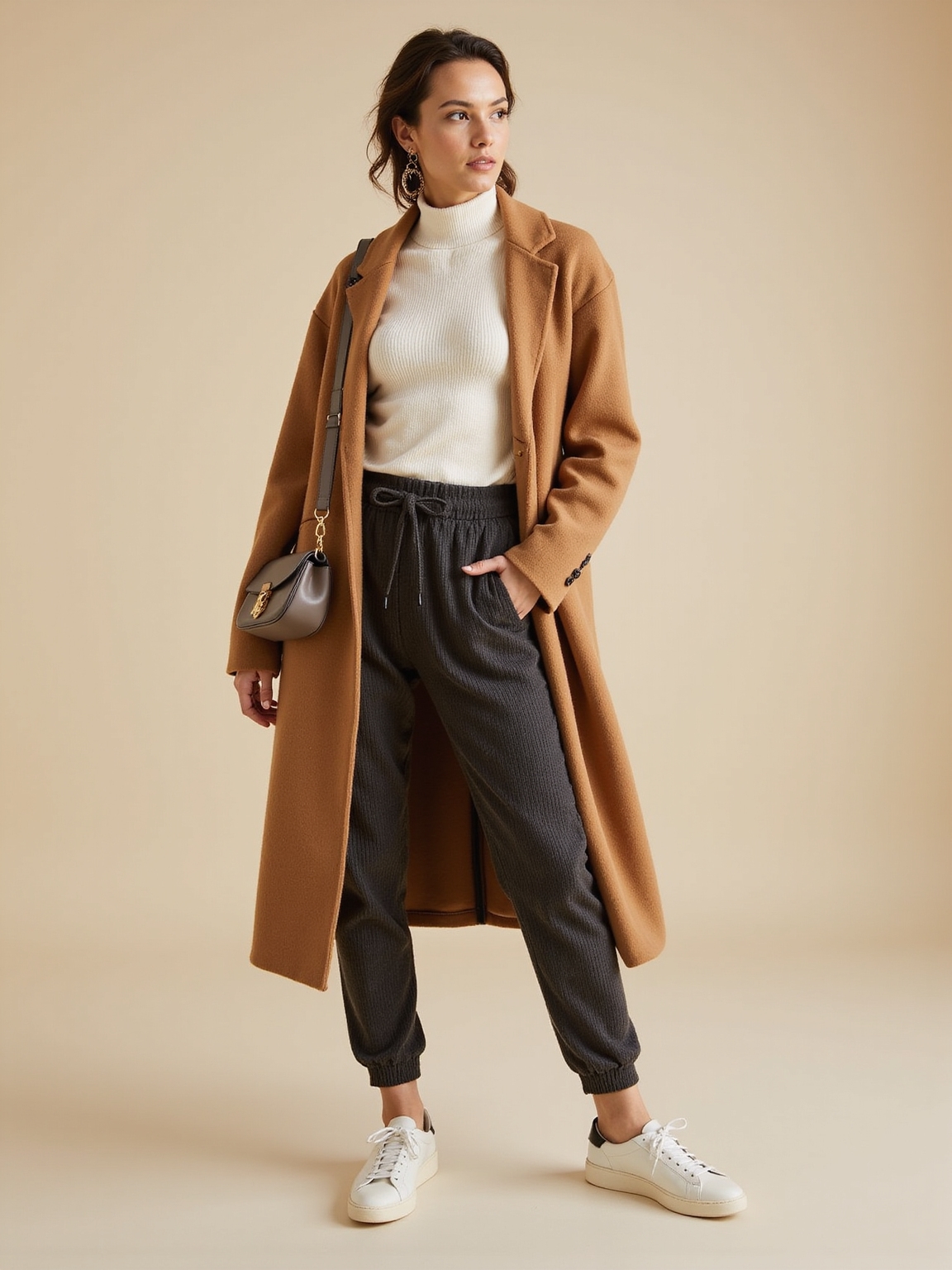 textured joggers with tailored outerwear