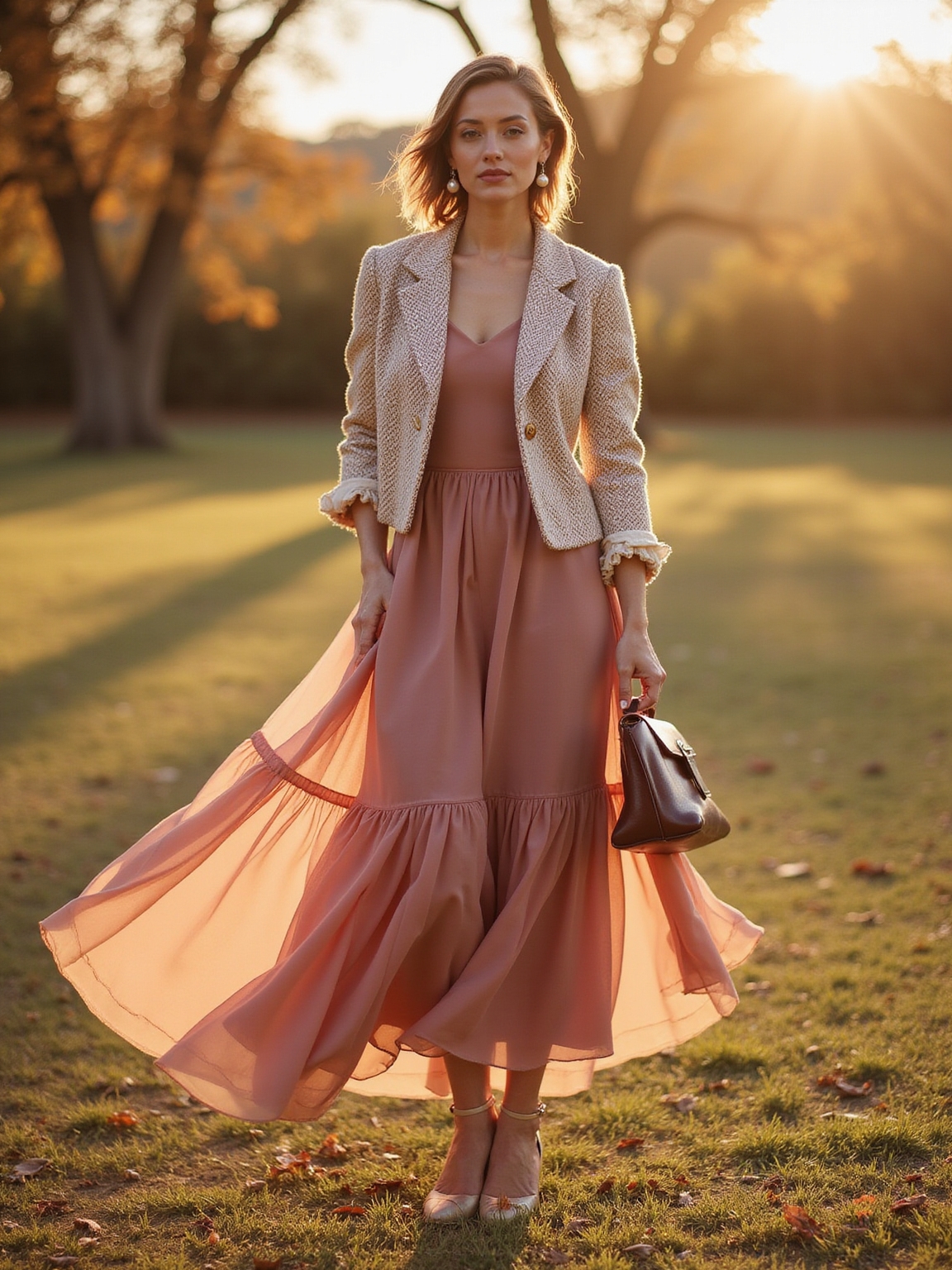 tiered chiffon with cropped tweed