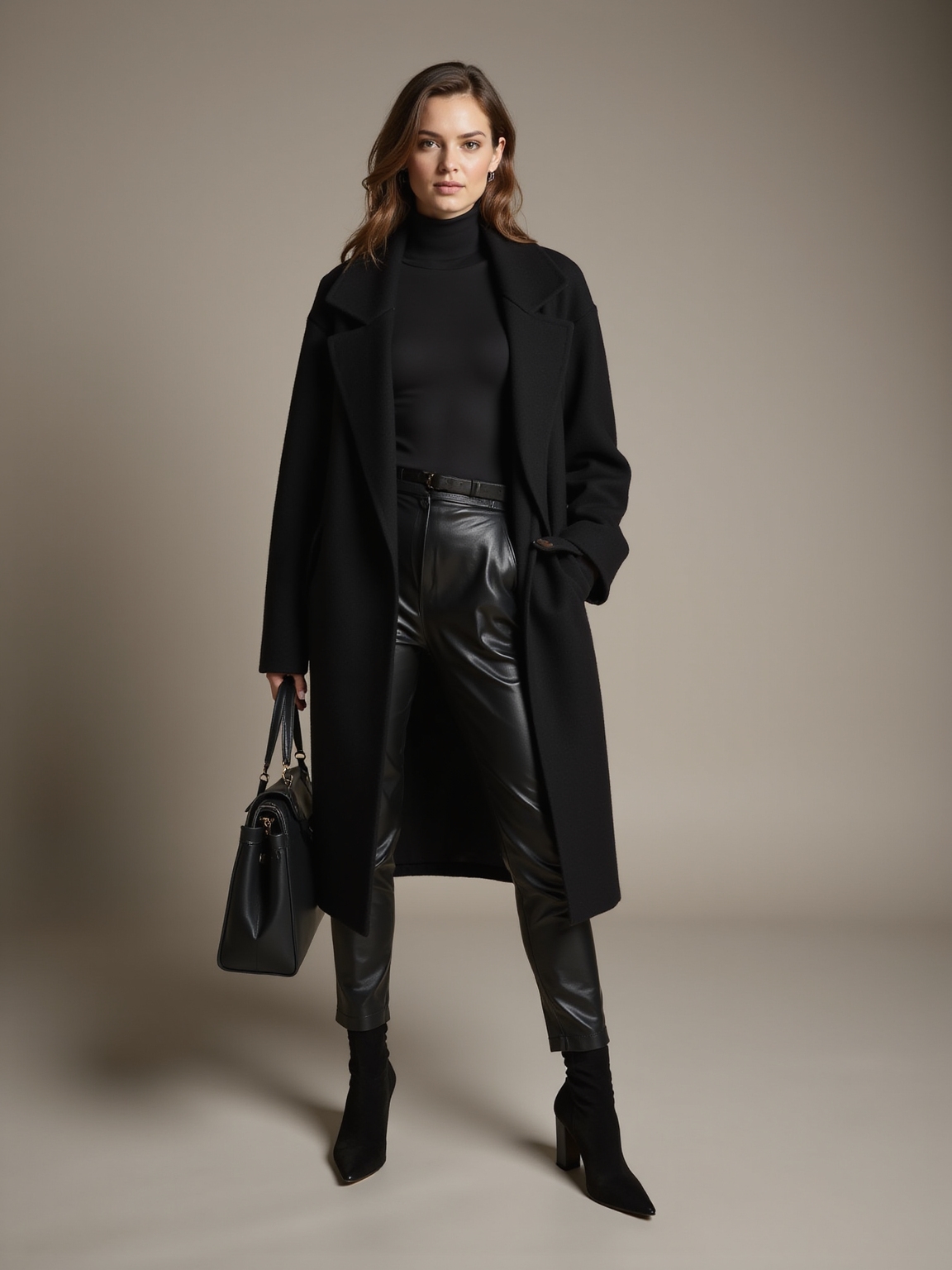tonal black wool and leather