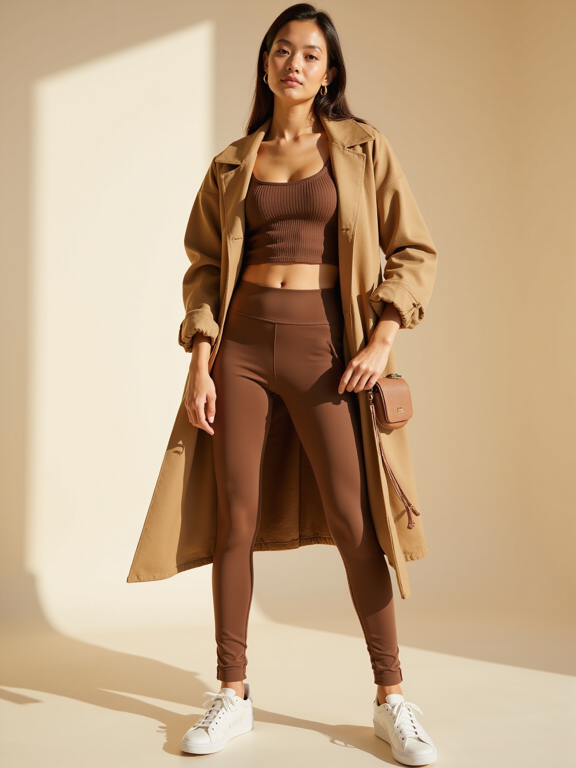 trench coated athleisure with sneakers