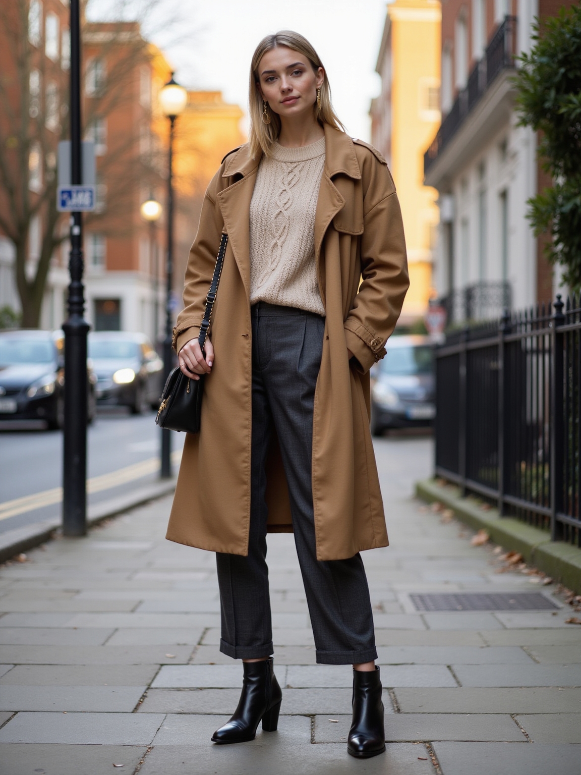 trench over slouchy knit