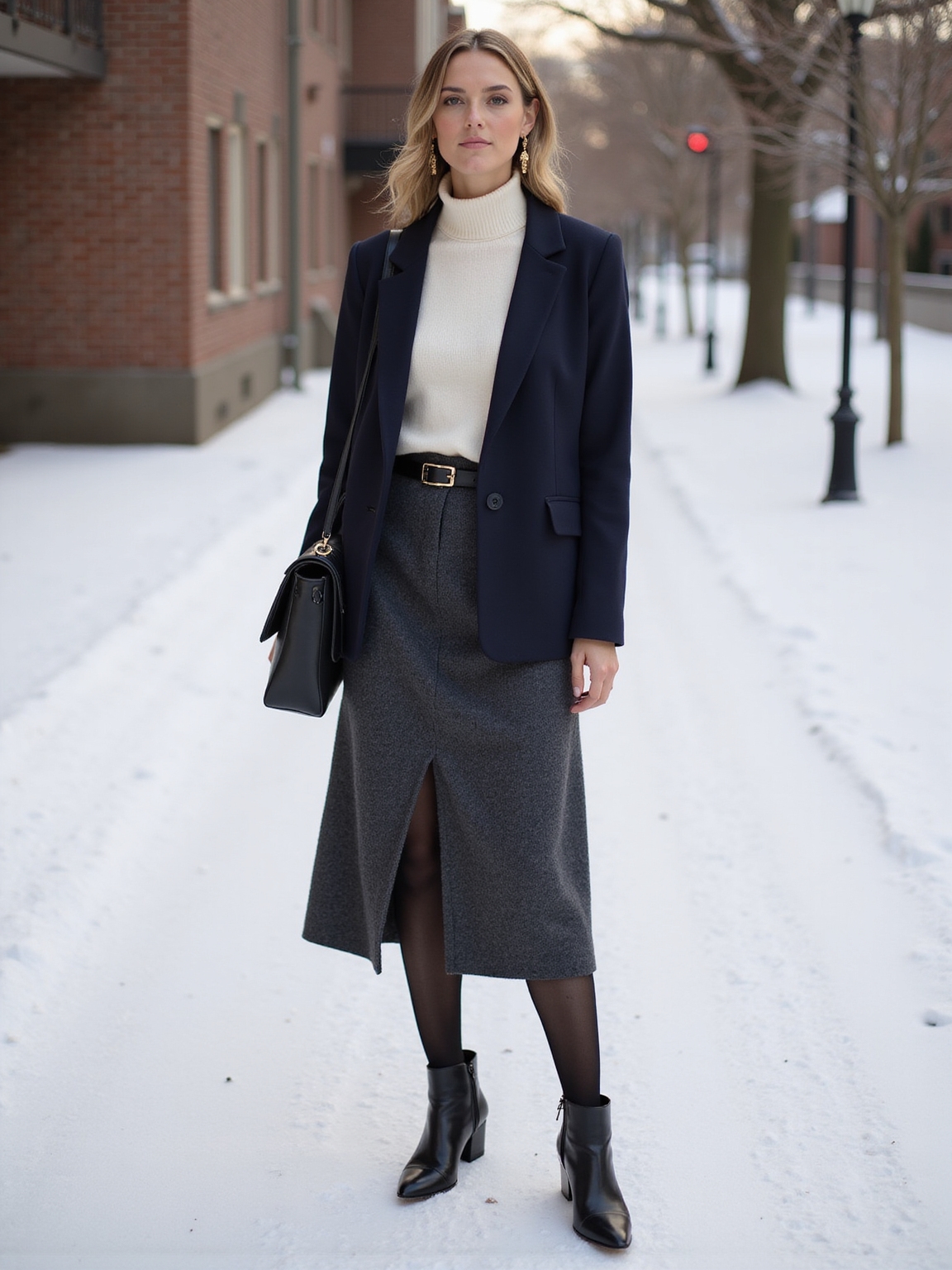 turtleneck blazer skirt layers