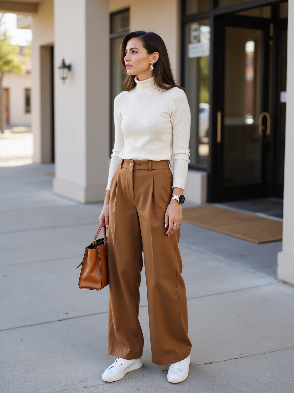 turtleneck wide leg minimalist trainers