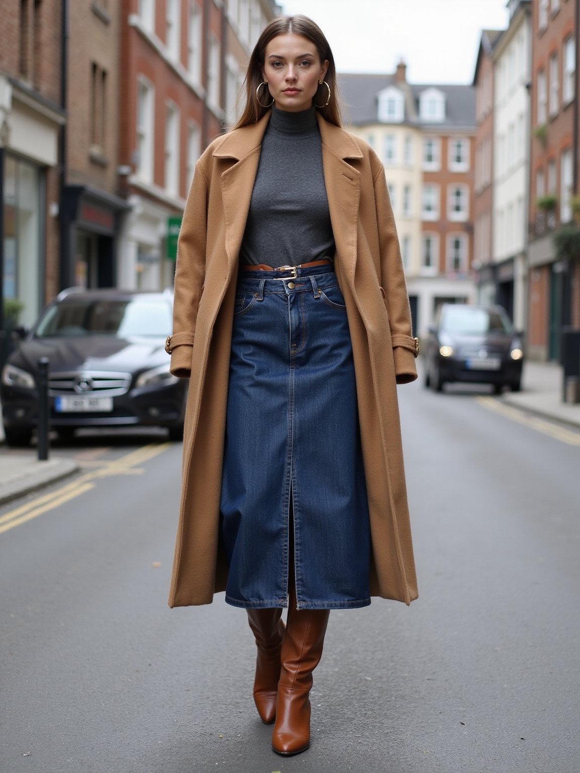 washed denim maxi with boots