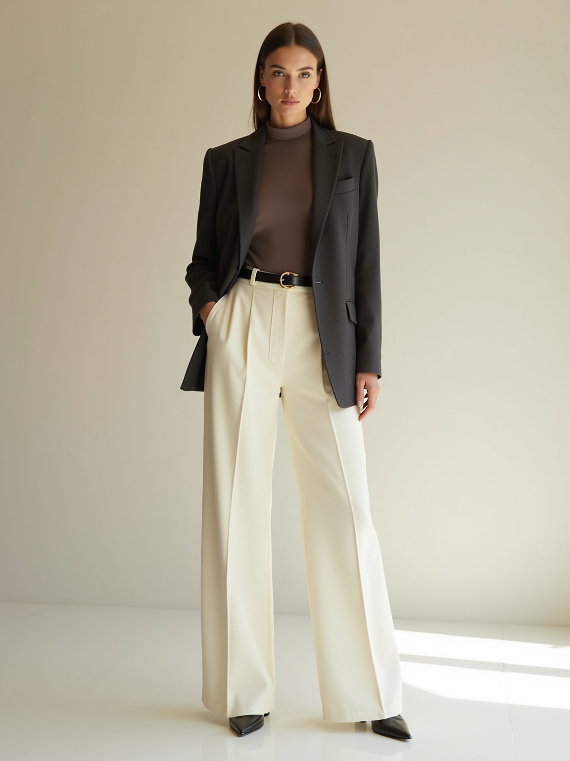 wide leg trousers sharp shoulders