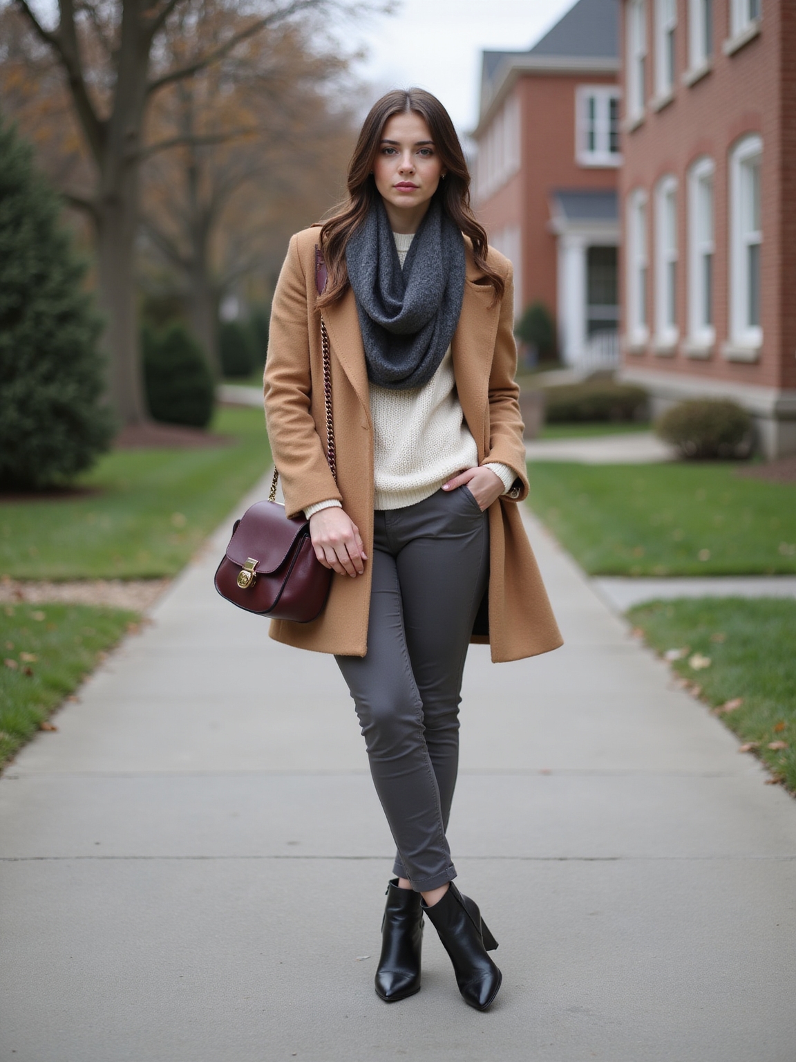wool coat chunky sweater ensemble