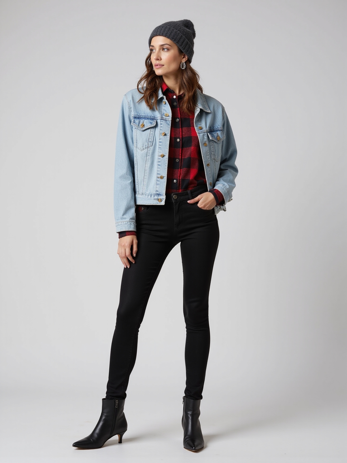 worn plaid denim beanie ensemble