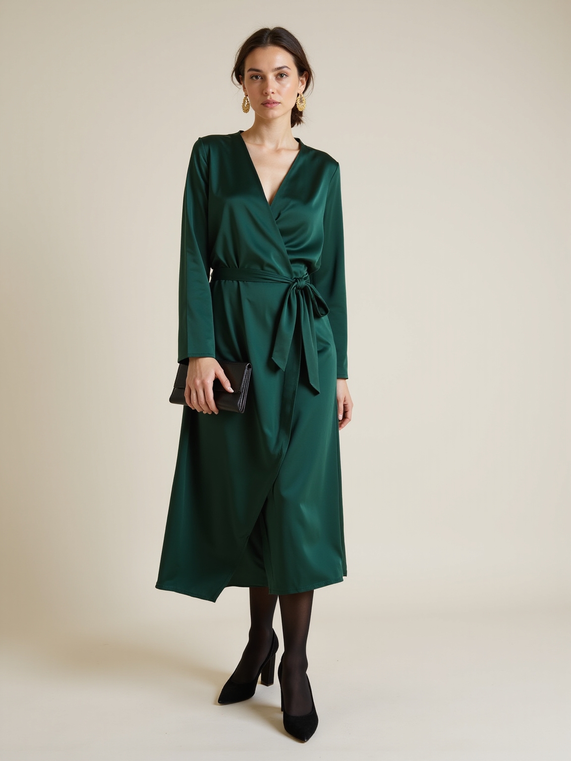 wrap dress opaque tights heels