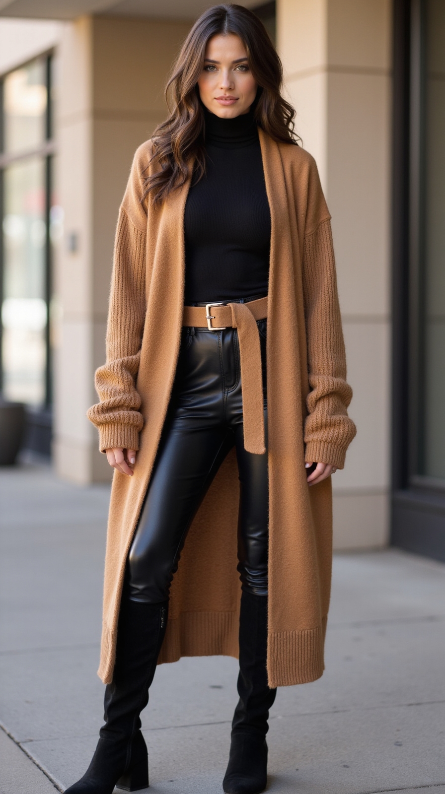 belted cardigan with knee high boots