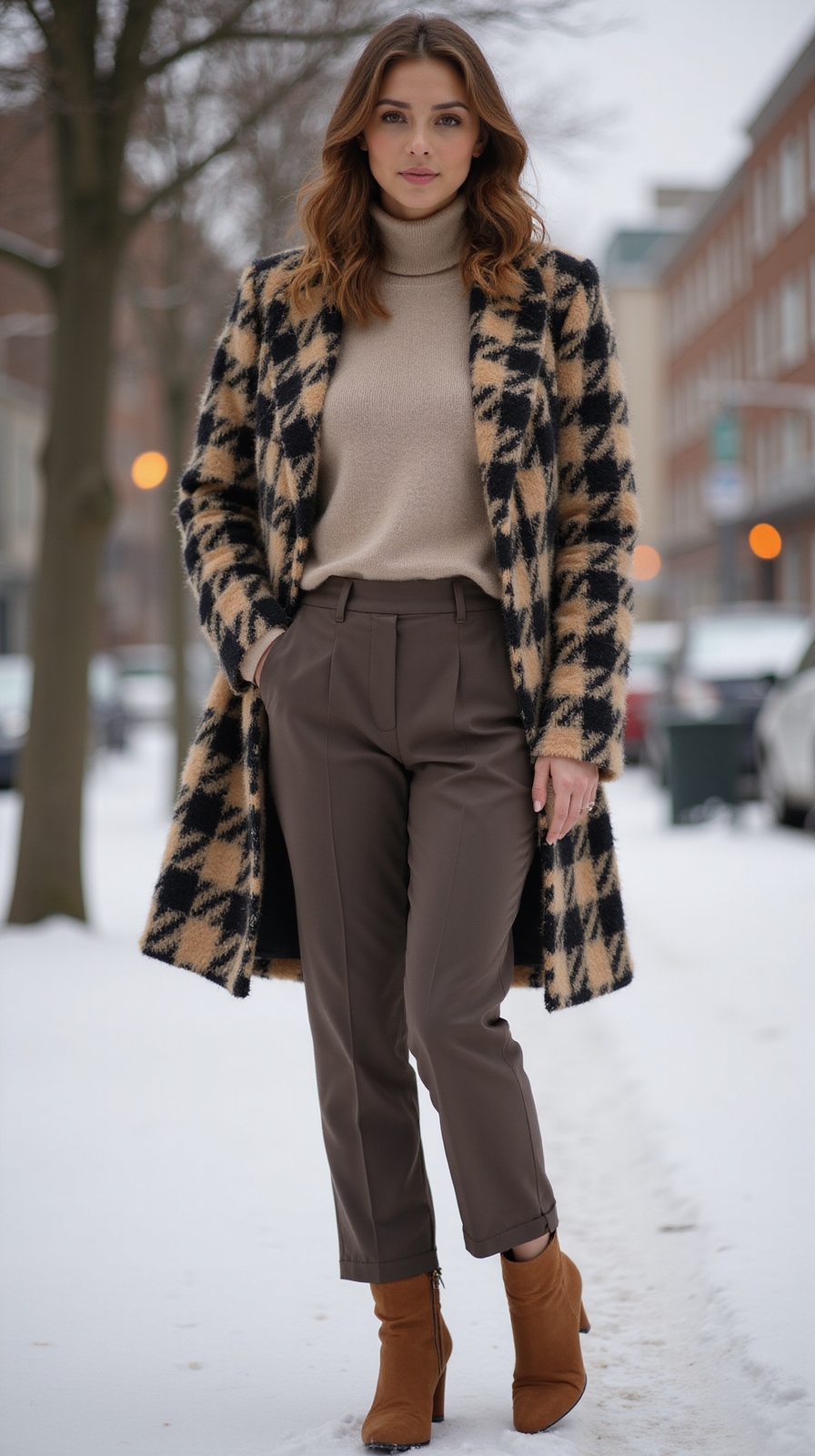bold patterned coat neutrals