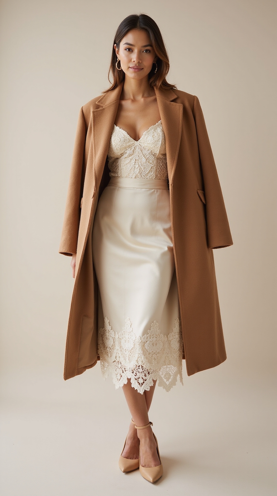 camel coat over lace