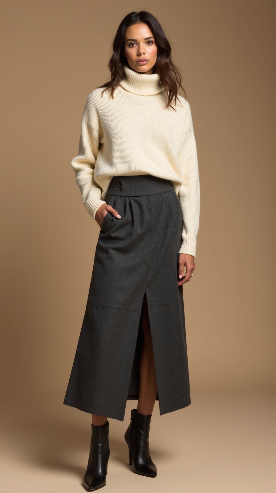 cashmere sweater with midi skirt