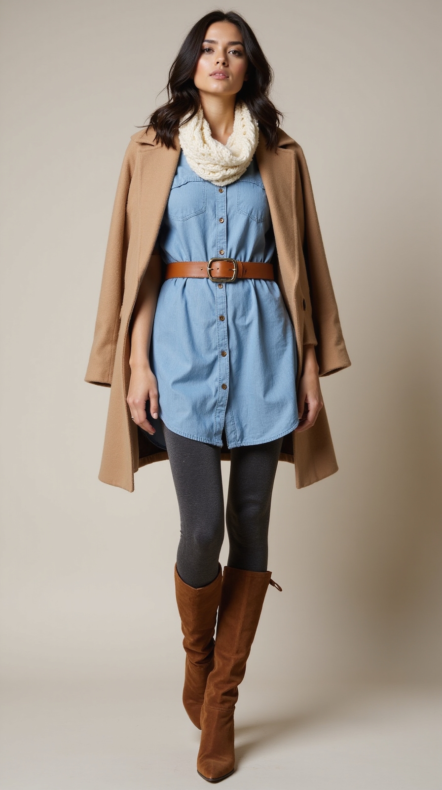 chambray dress with leggings