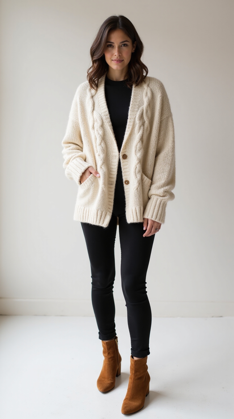 chunky cardigan belted with boots