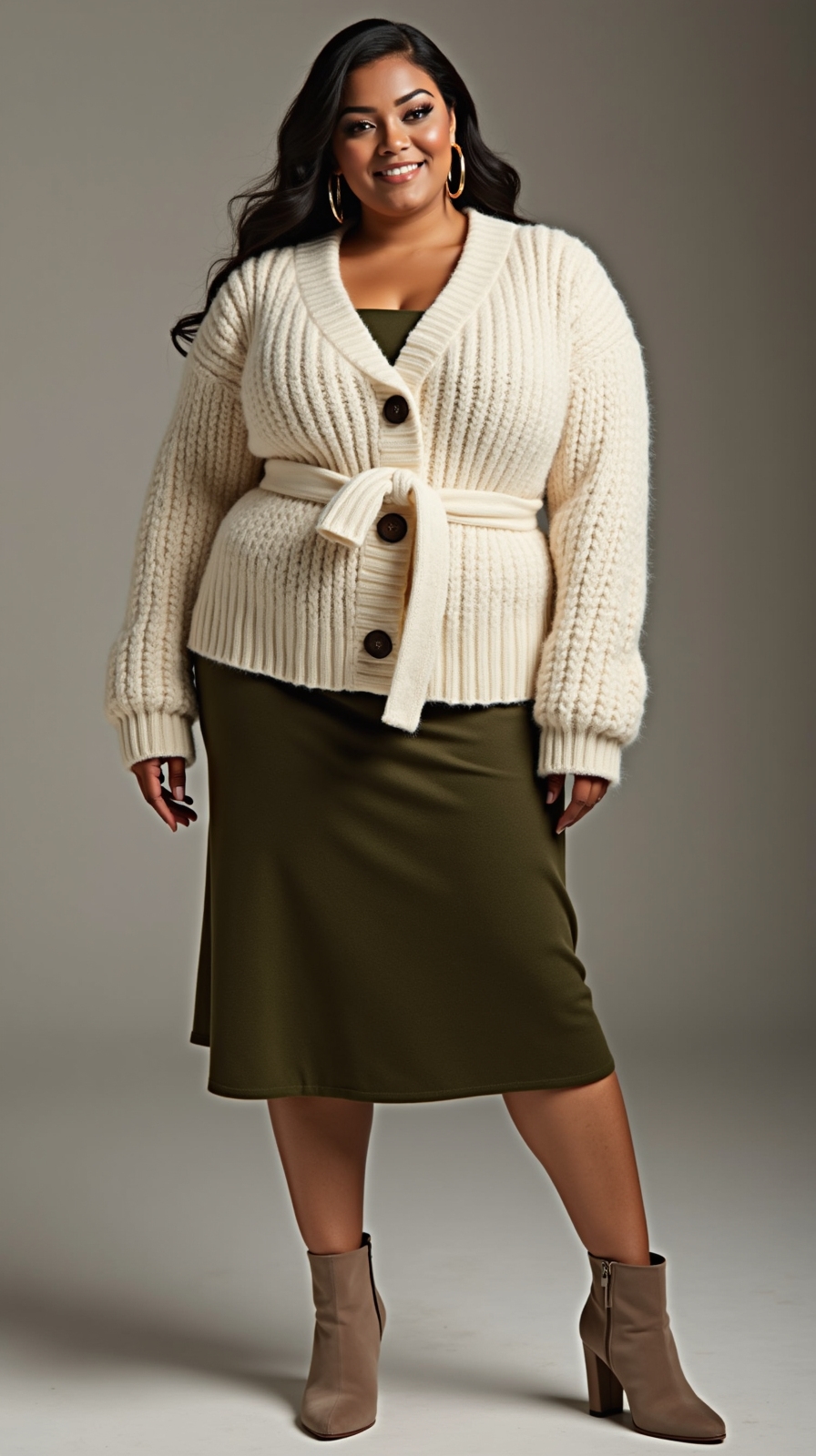 chunky cardigan cinched midi
