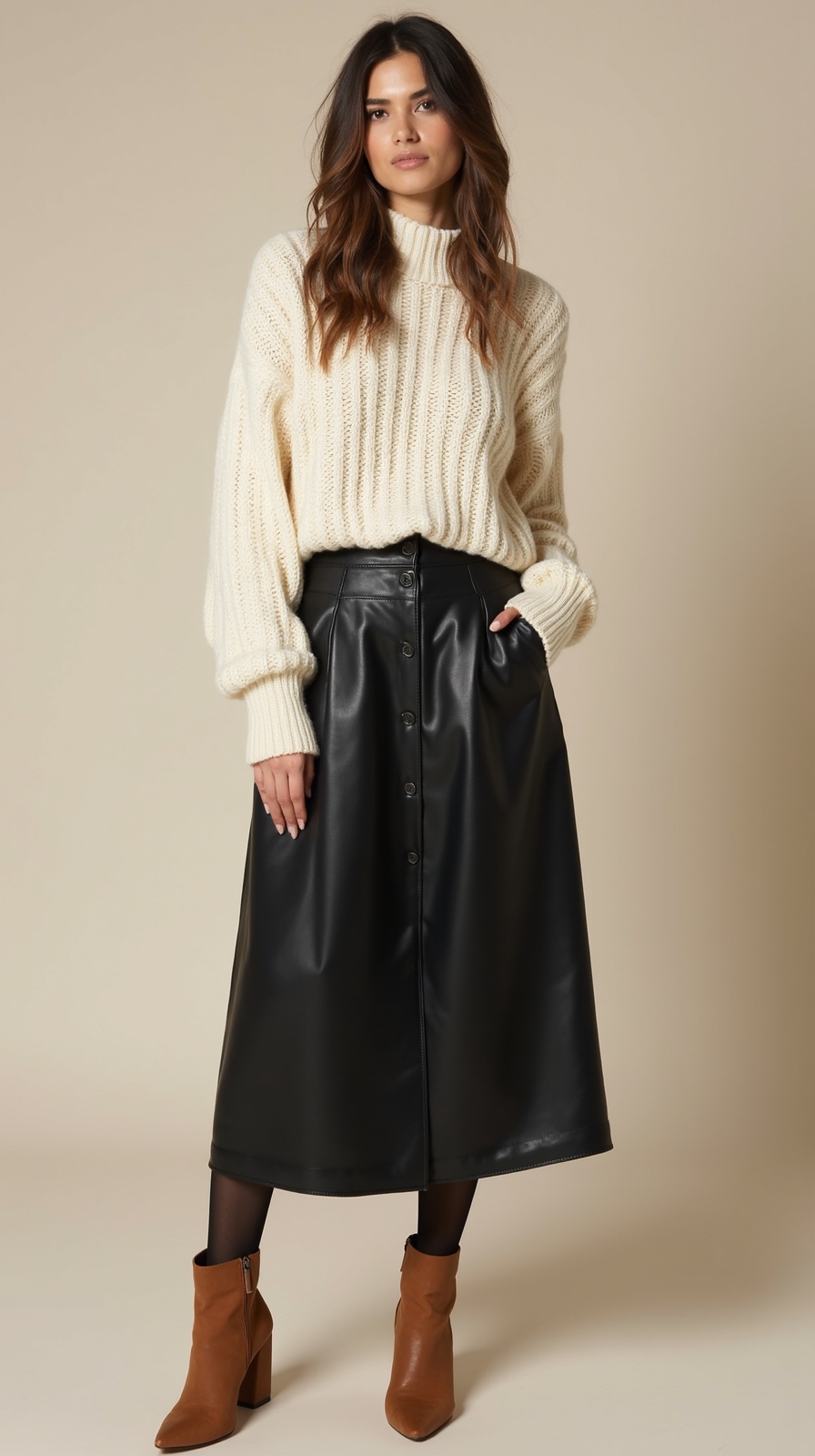 chunky knit faux leather contrast