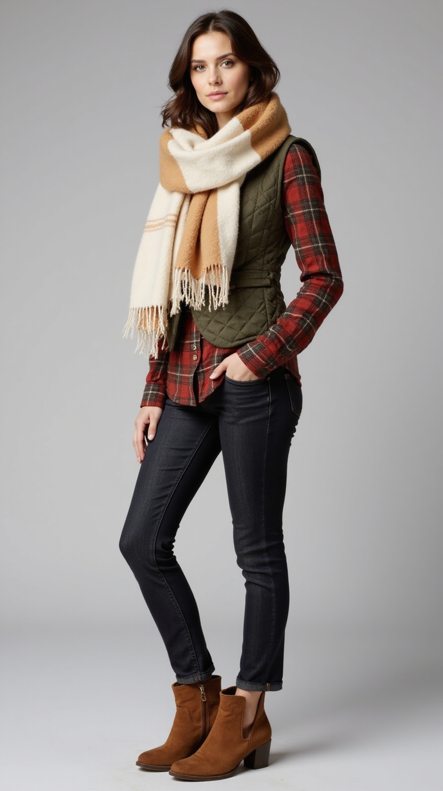chunky scarf over vest