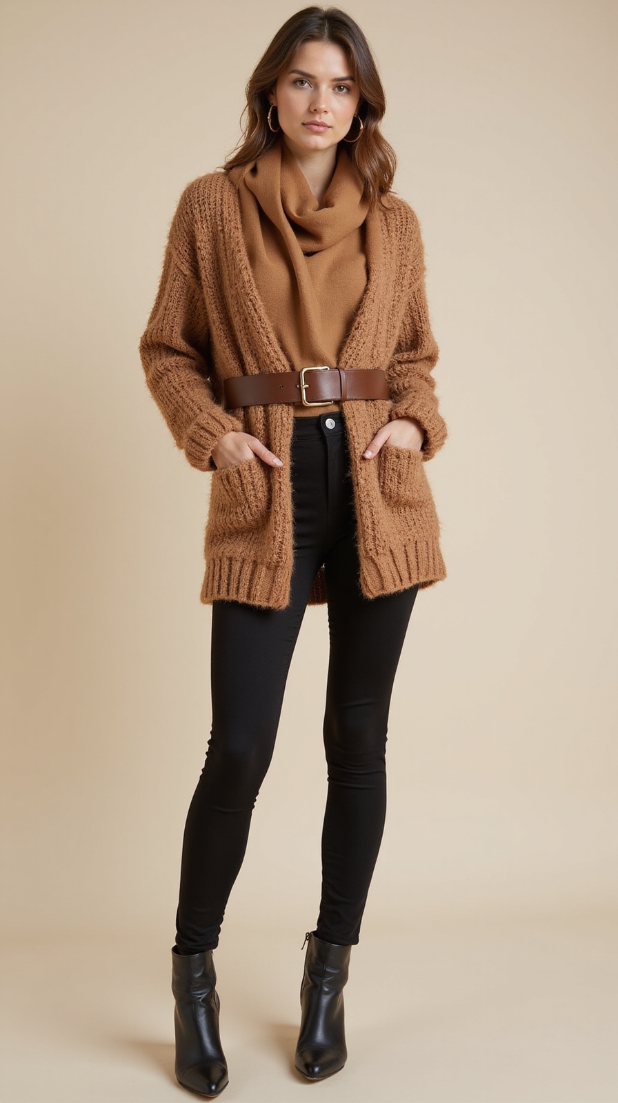 cinched layered textured cozy look