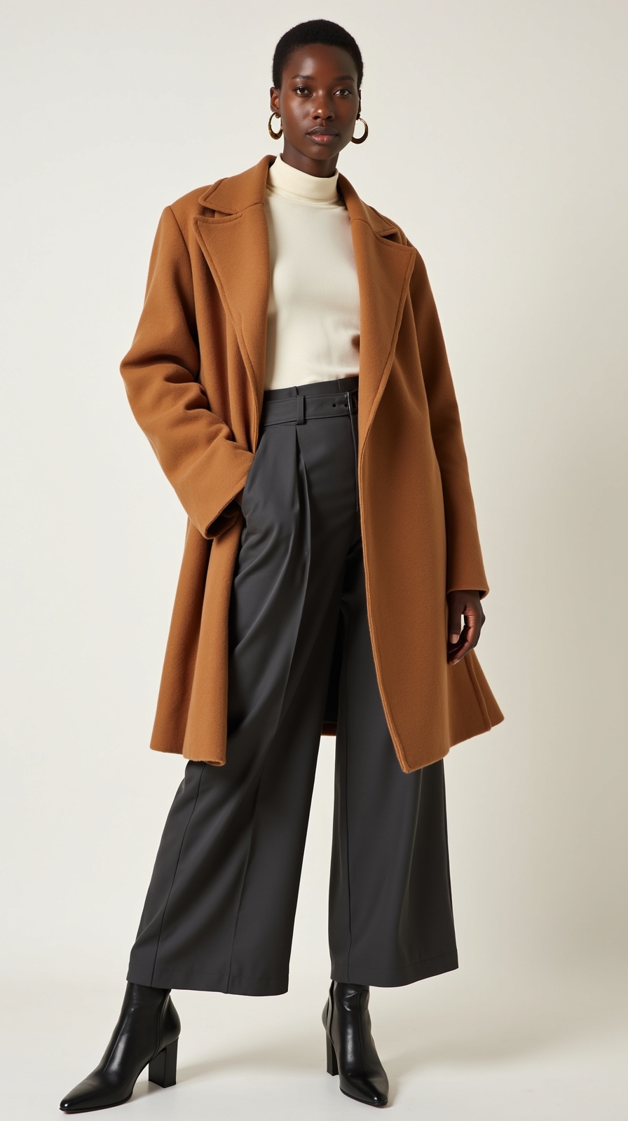 cinched wool coat flowing trousers