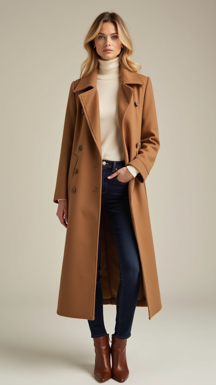 cleanly layered neutral wool coat