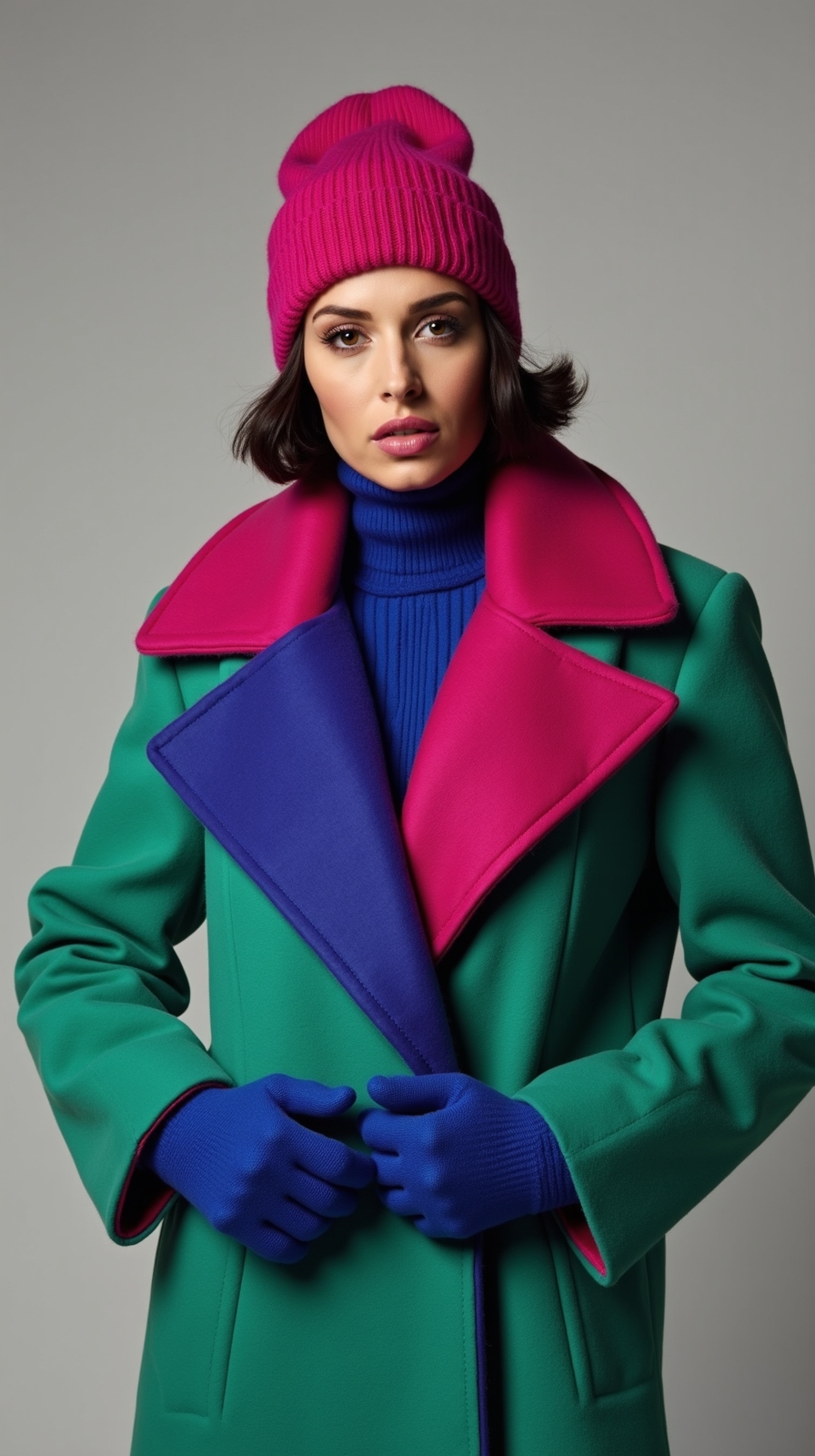 color blocked coat with accessories