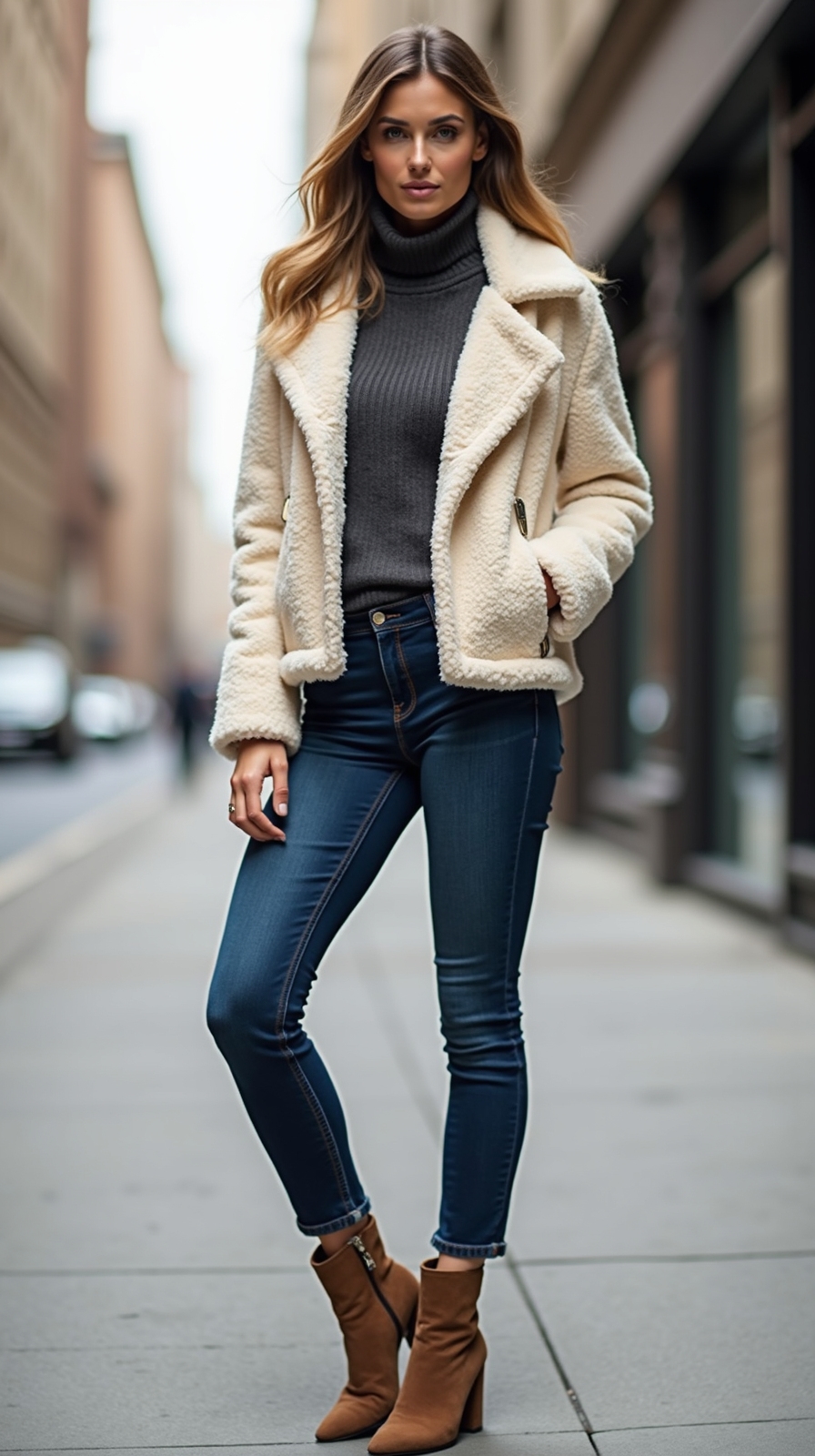 cream sherpa with slim denim