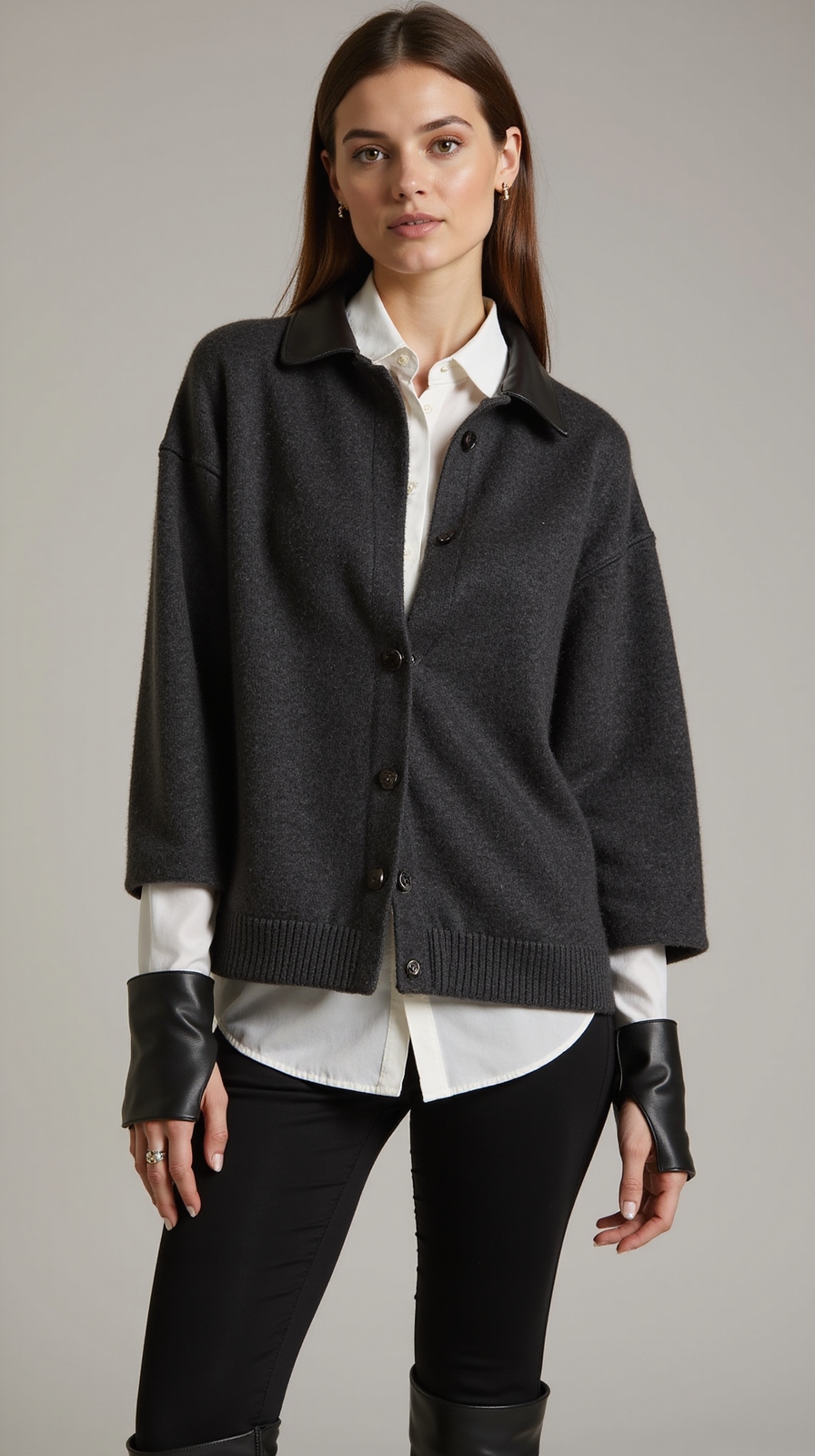crisp layered sweater with leather