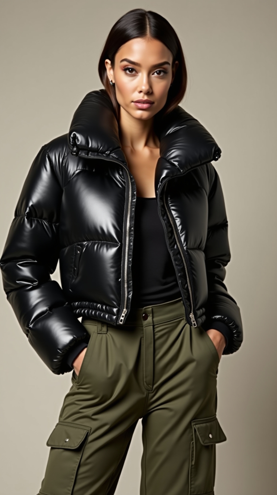 cropped puffer high rise cargos