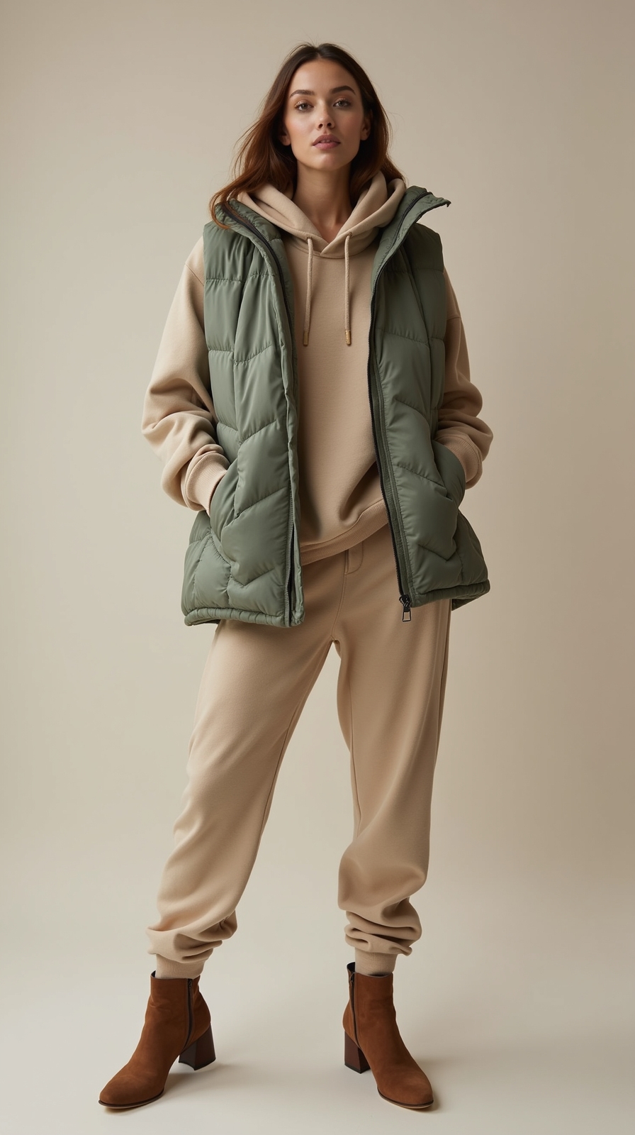 cropped quilted vest over hoodie