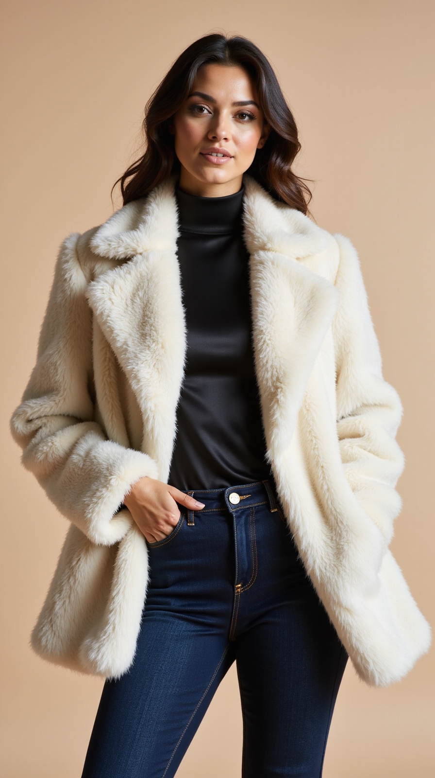 faux fur coat high waisted jeans