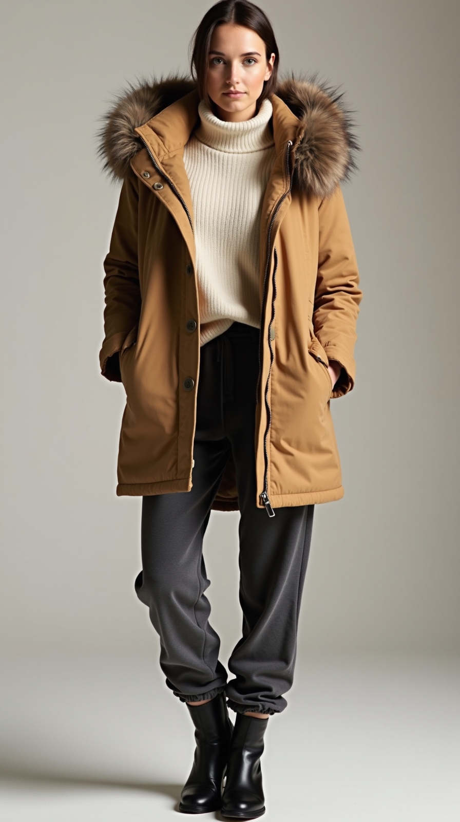 faux fur parka with sweatpants