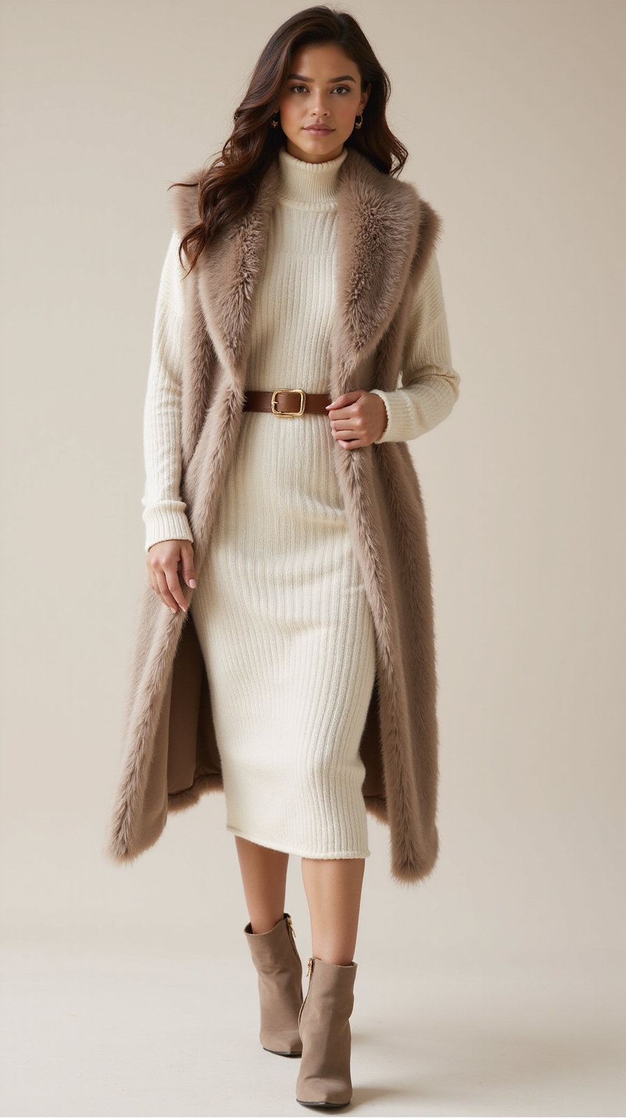 faux fur vest over dress