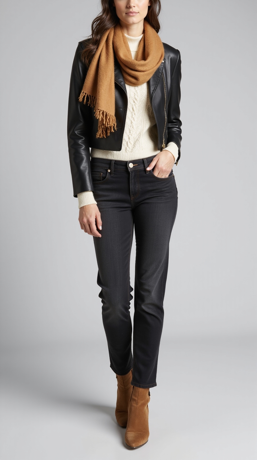 faux leather jacket with scarf