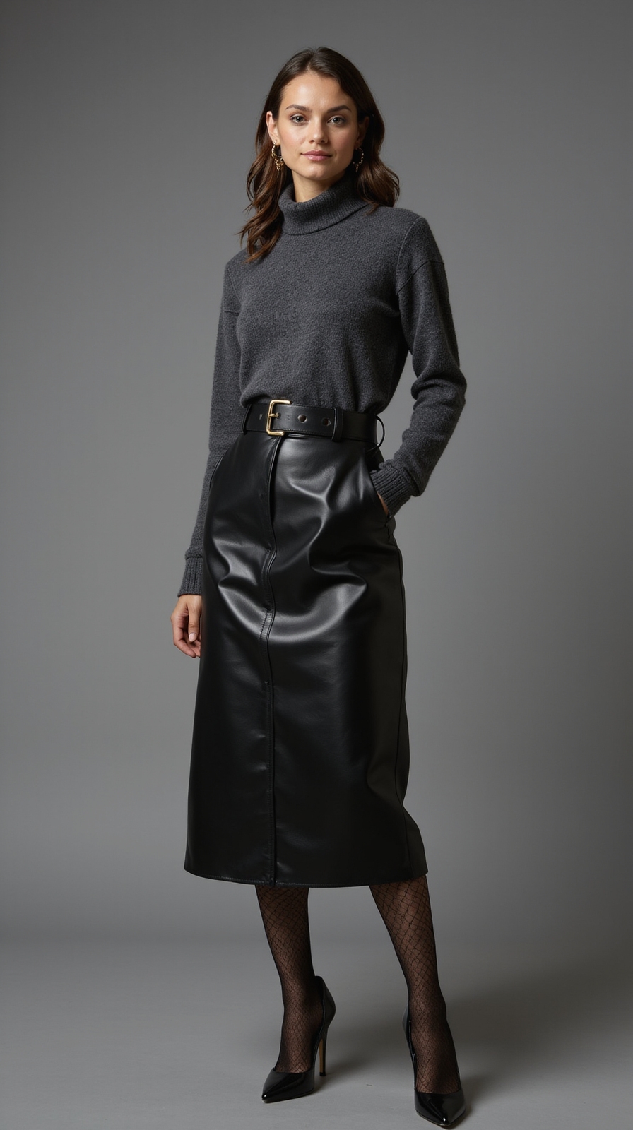 fitted turtleneck leather skirt