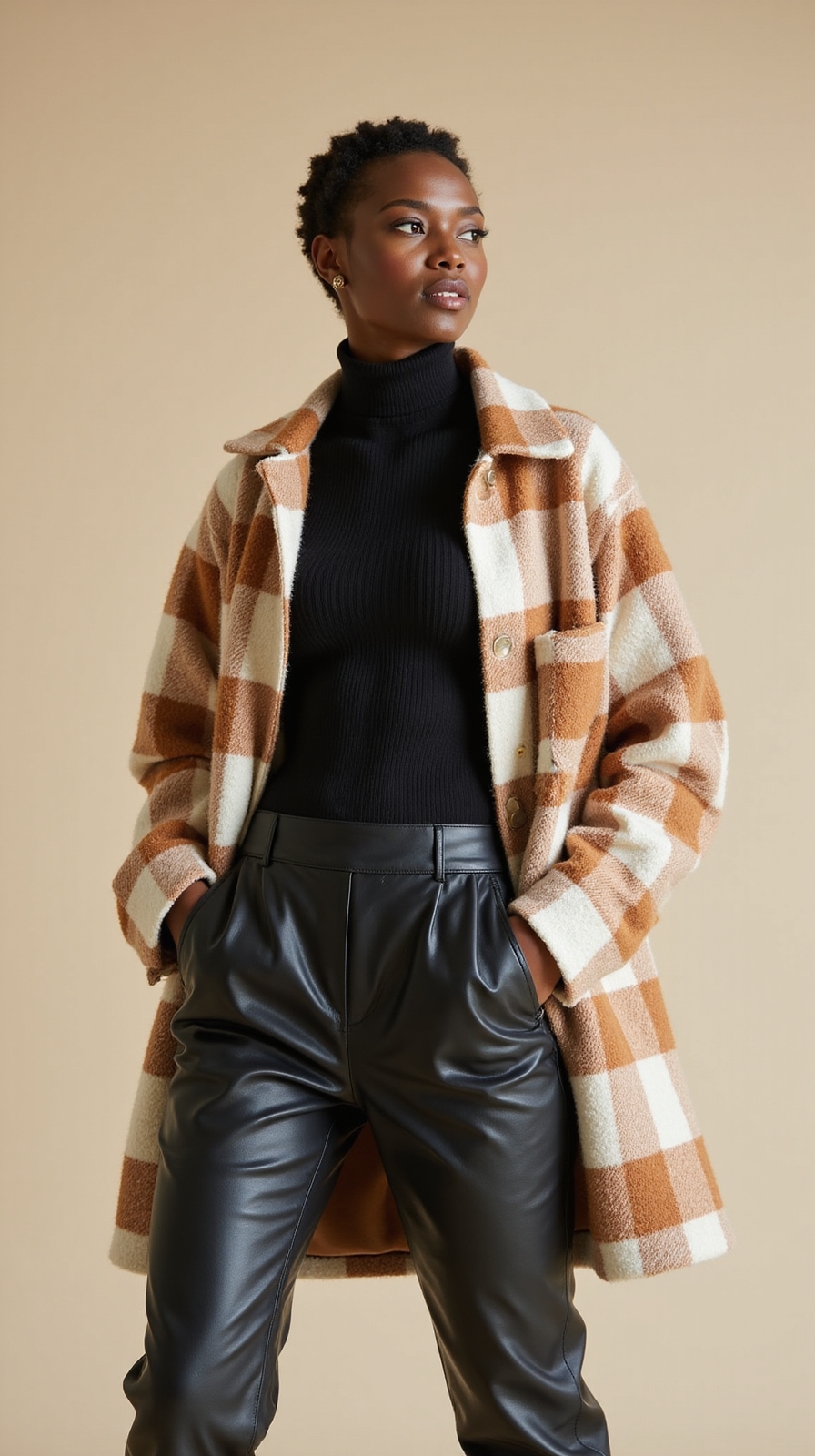 fitted turtleneck under plaid