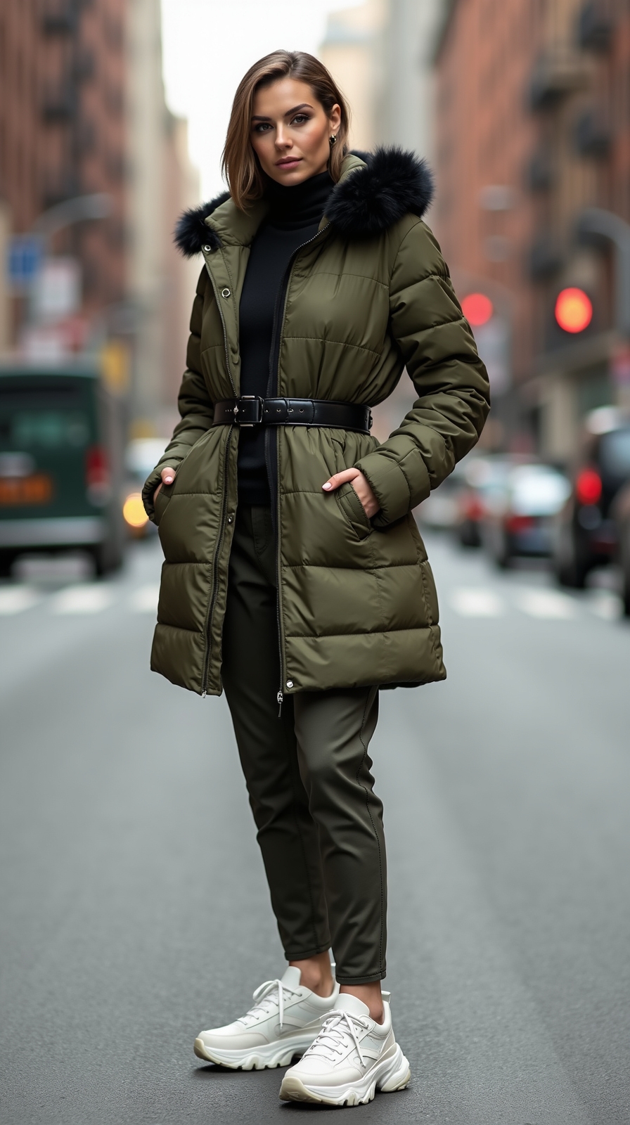 insulated cinched waist parka with sneakers