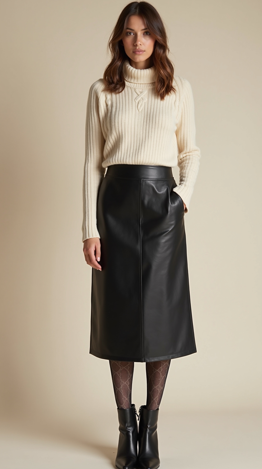 leather skirt wool turtleneck patterned tights