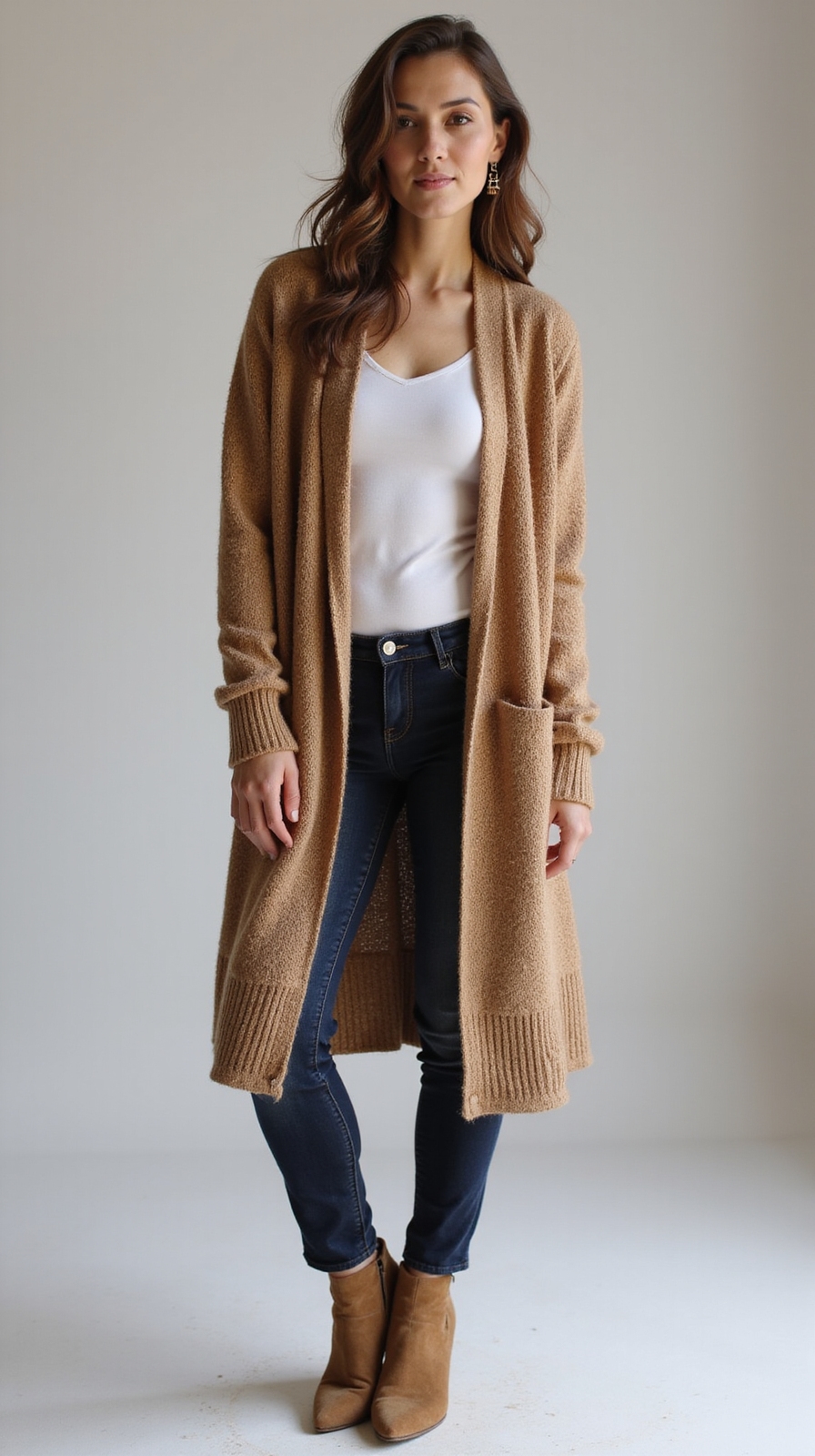 longline cardigan skinny jeans boots